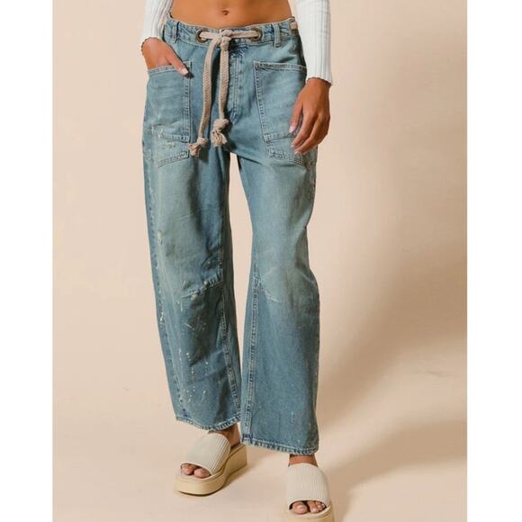 Bibi Braided Waist Belt Drip Painting Detail Washed Barrel Jeans Sz XL NEW NWT - Picture 1 of 16